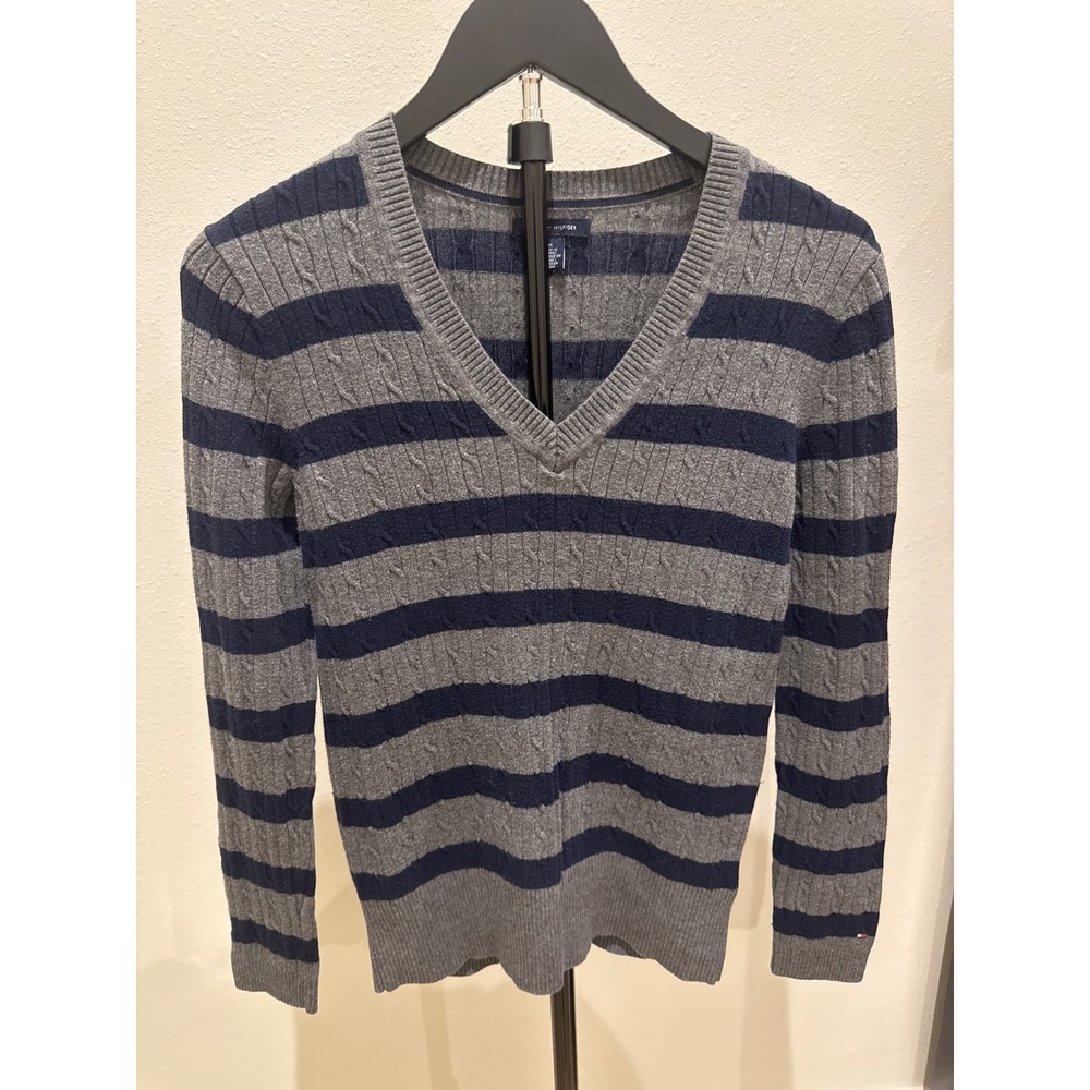 Tommy‎ Hilfiger Womens V-Neck Cable Knit Striped Cotton Sweater Gray Navy Blue M
